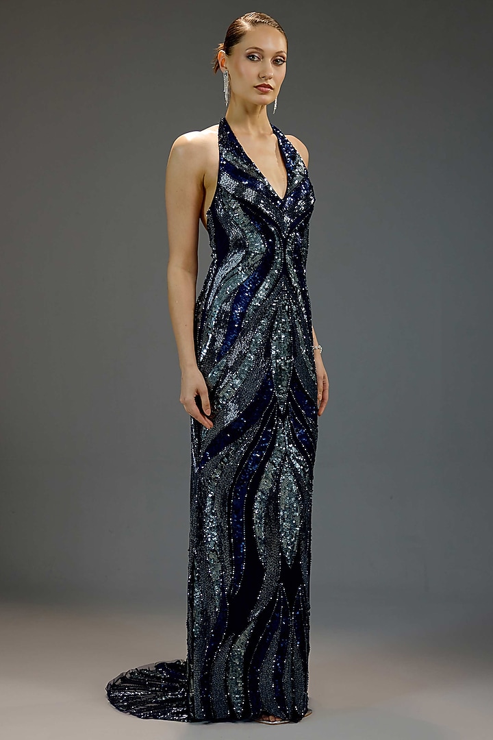 Midnight Blue Mesh Sequin Embellished Halter Maxi Party Wear Dress by BLING EMPIRE at Pernia's Pop Up Shop