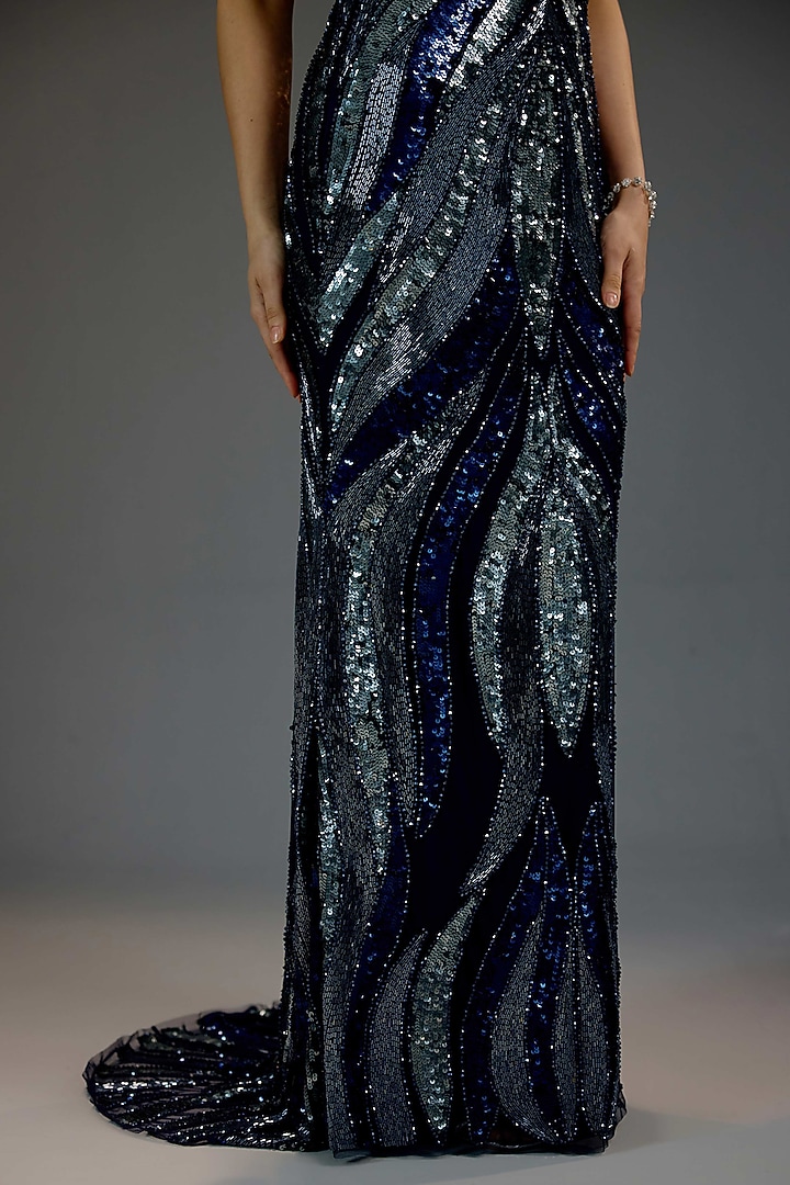 Midnight Blue Mesh Sequin Embellished Halter Maxi Party Wear Dress by BLING EMPIRE at Pernia's Pop Up Shop