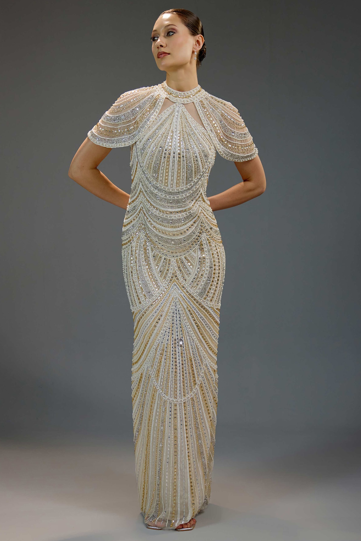 BLING EMPIRE Ivory Mesh Bead Hand Embellished Maxi Dress