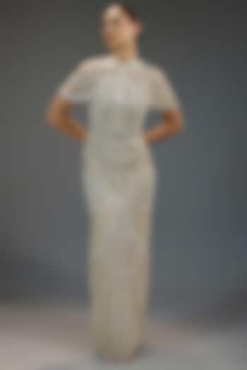 Ivory Mesh Bead Hand Embellished Maxi Party Wear Dress by BLING EMPIRE at Pernia's Pop Up Shop