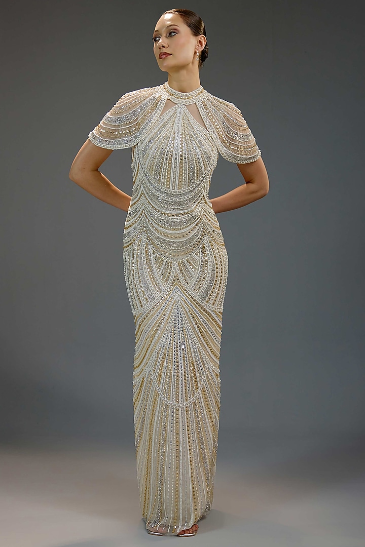 Ivory Mesh Bead Hand Embellished Maxi Party Wear Dress by BLING EMPIRE at Pernia's Pop Up Shop