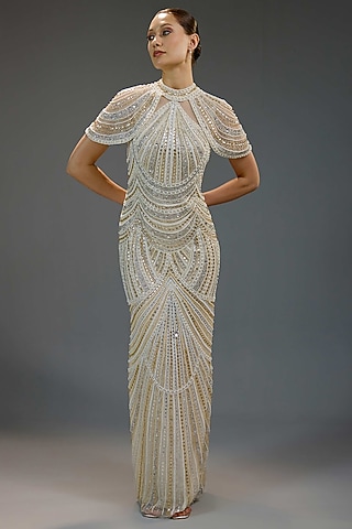 Ivory Mesh Bead Hand Embellished Maxi Dress by BLING EMPIRE