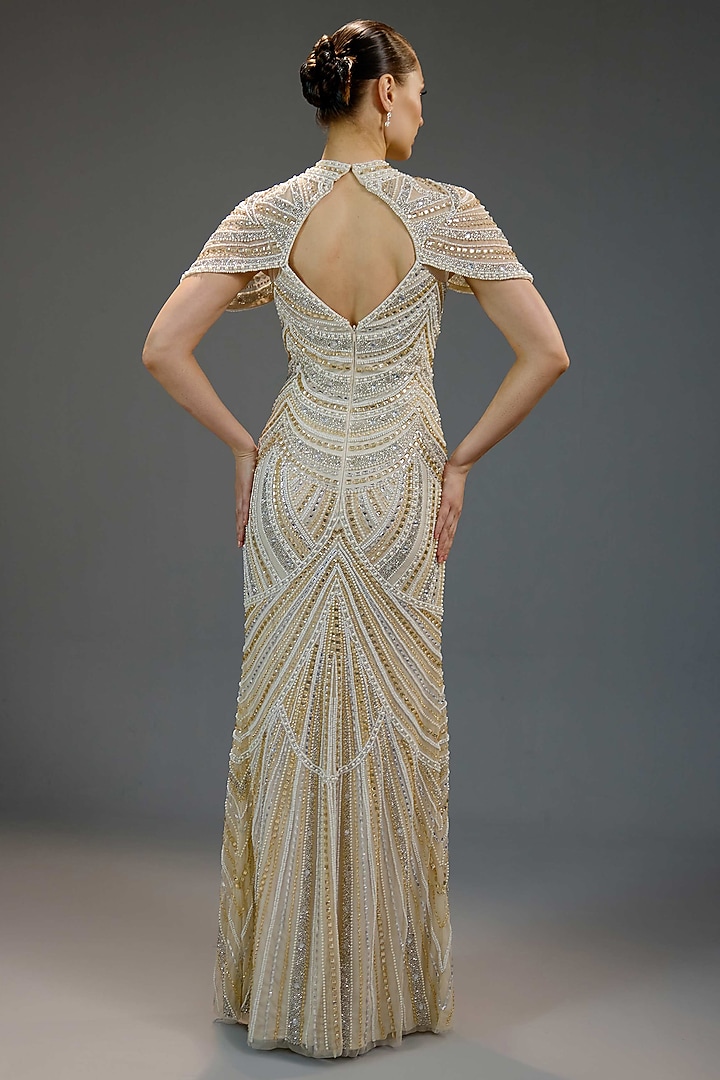 Ivory Mesh Bead Hand Embellished Maxi Party Wear Dress by BLING EMPIRE at Pernia's Pop Up Shop