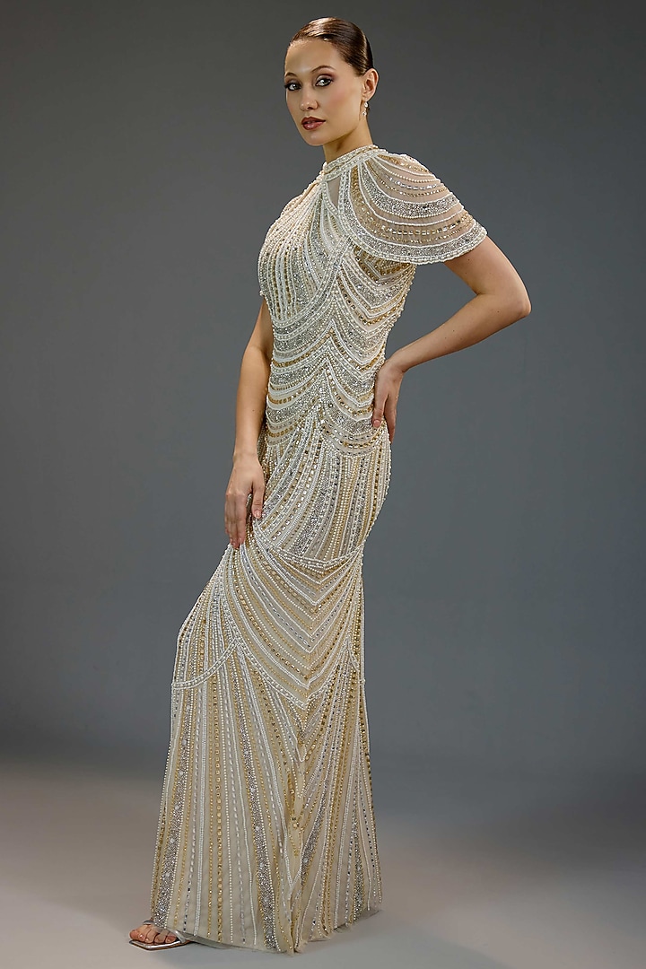 Ivory Mesh Bead Hand Embellished Maxi Party Wear Dress by BLING EMPIRE at Pernia's Pop Up Shop