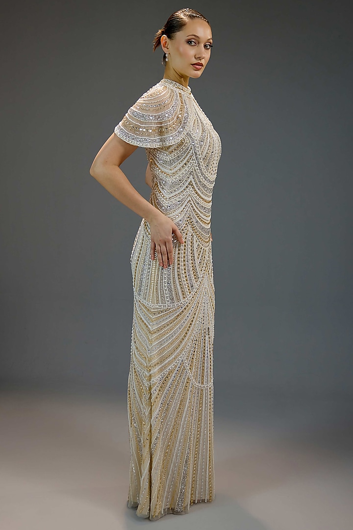 Ivory Mesh Bead Hand Embellished Maxi Party Wear Dress by BLING EMPIRE at Pernia's Pop Up Shop