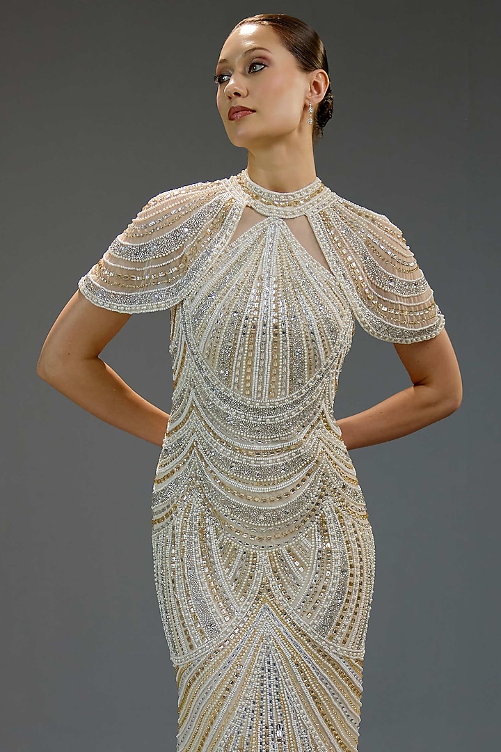 Ivory Mesh Bead Hand Embellished Maxi Party Wear Dress by BLING EMPIRE at Pernia's Pop Up Shop
