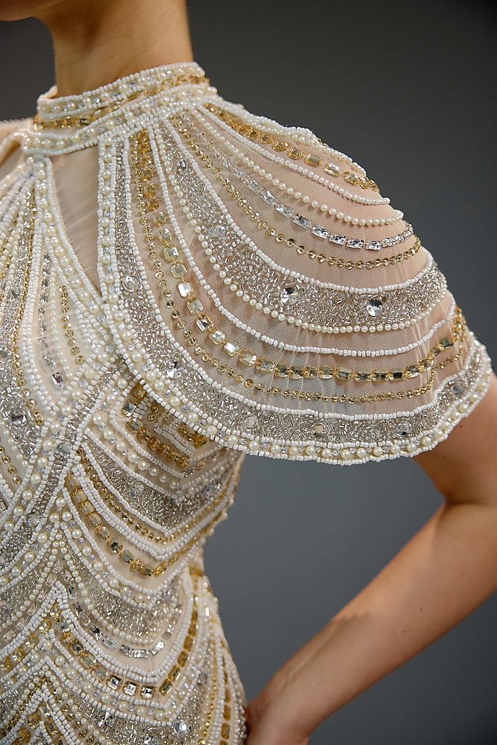 Ivory Mesh Bead Hand Embellished Maxi Party Wear Dress by BLING EMPIRE at Pernia's Pop Up Shop