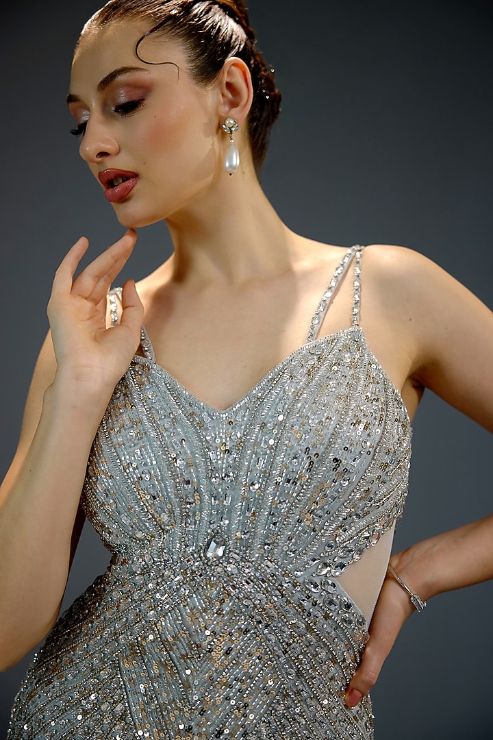 Aqua Ombre Mesh Sequin Embellished Maxi Party Wear Dress by BLING EMPIRE at Pernia's Pop Up Shop