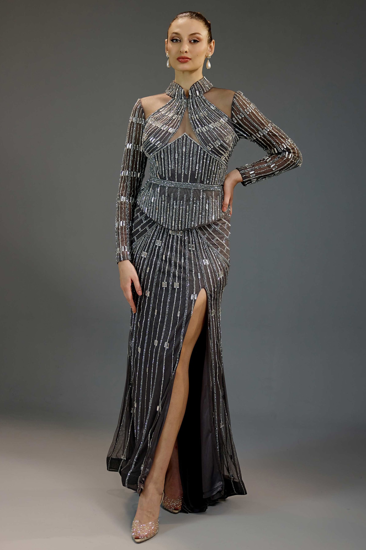 BLING EMPIRE Charcoal Grey Mesh Floral Sequin Embellished Gown