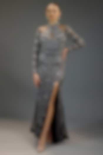Charcoal Grey Mesh Floral Sequin Embellished Engagement Gown by BLING EMPIRE at Pernia's Pop Up Shop