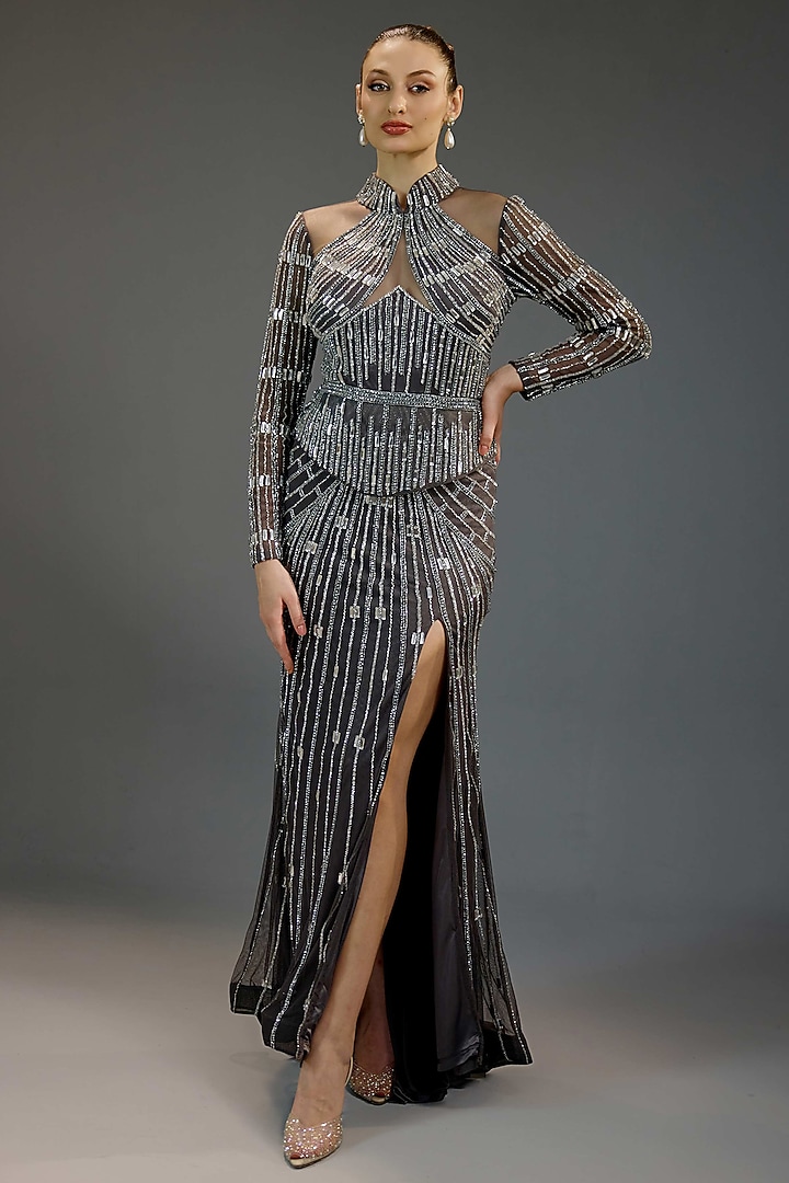 Charcoal Grey Mesh Floral Sequin Embellished Engagement Gown by BLING EMPIRE at Pernia's Pop Up Shop