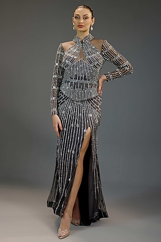Charcoal Grey Mesh Floral Sequin Embellished Gown by BLING EMPIRE