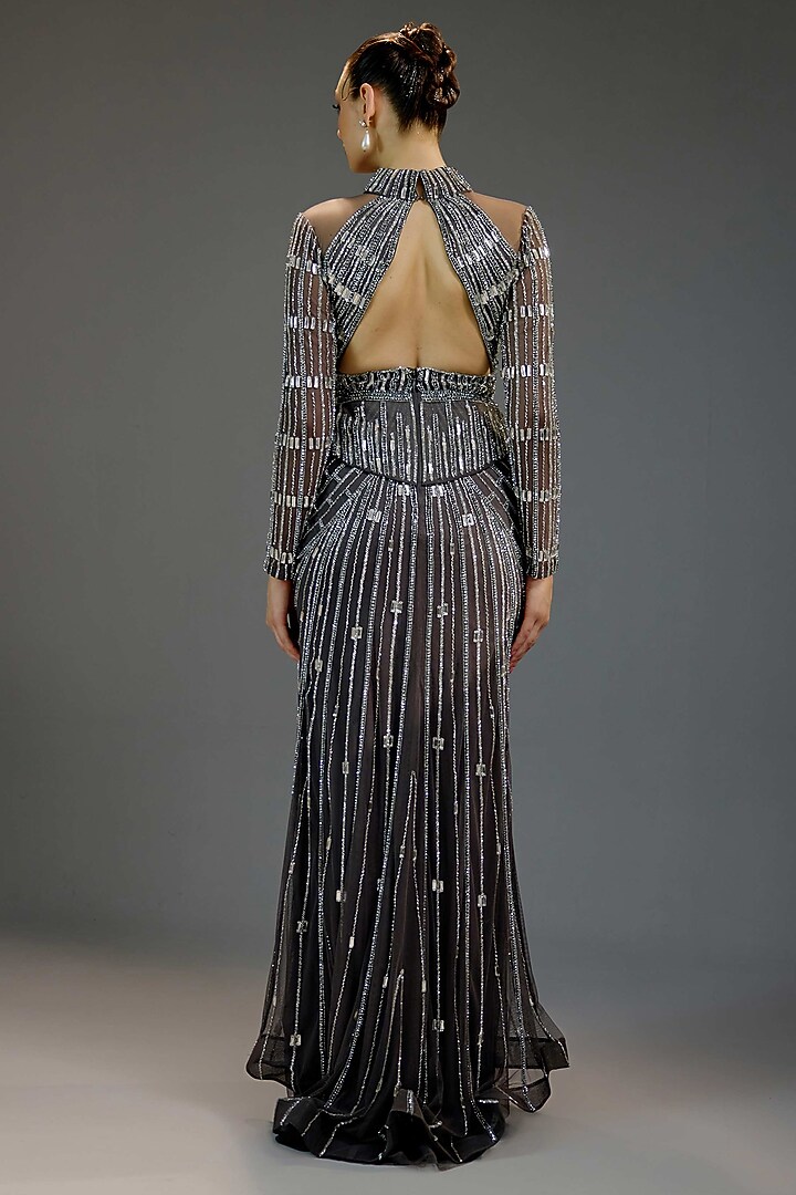 Charcoal Grey Mesh Floral Sequin Embellished Engagement Gown by BLING EMPIRE at Pernia's Pop Up Shop