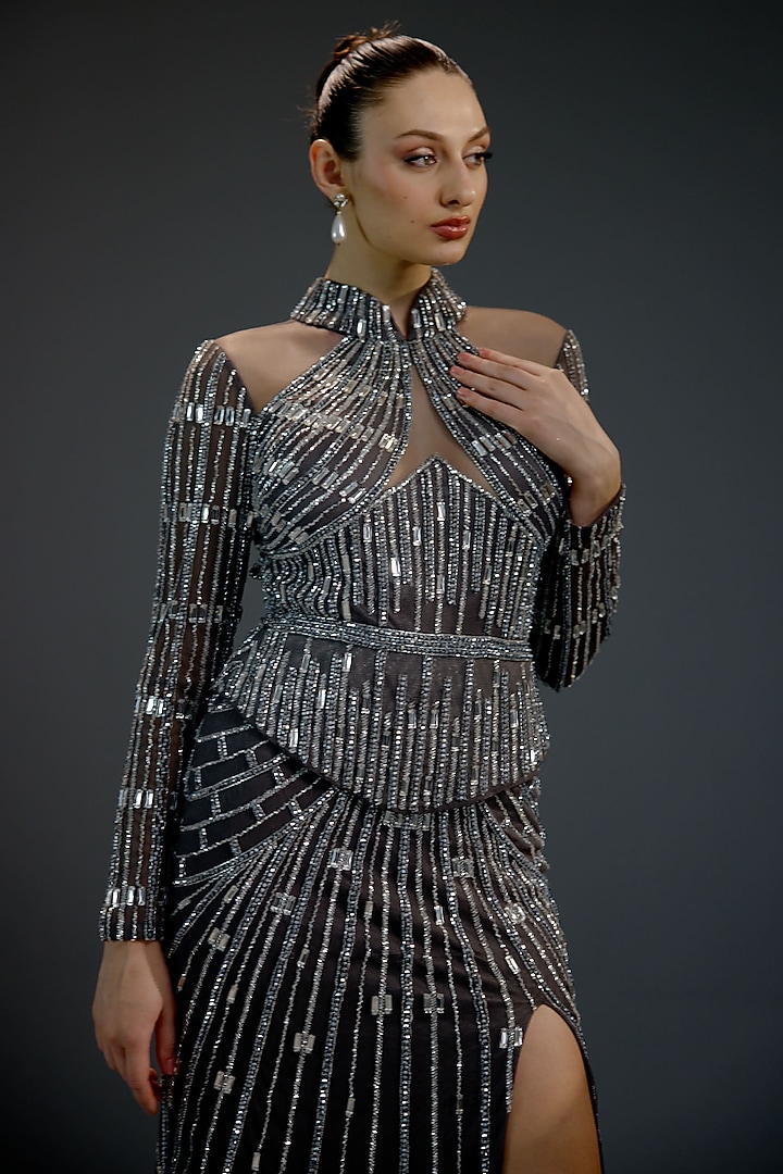 Charcoal Grey Mesh Floral Sequin Embellished Engagement Gown by BLING EMPIRE at Pernia's Pop Up Shop