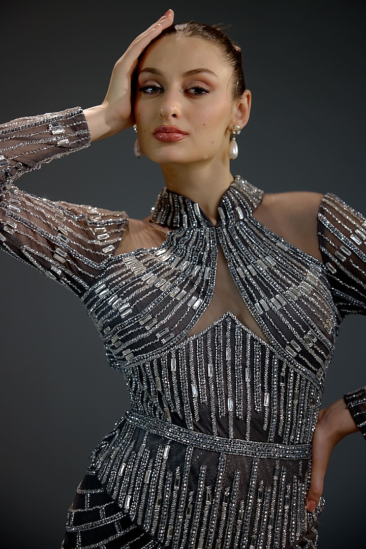 Charcoal Grey Mesh Floral Sequin Embellished Engagement Gown by BLING EMPIRE at Pernia's Pop Up Shop