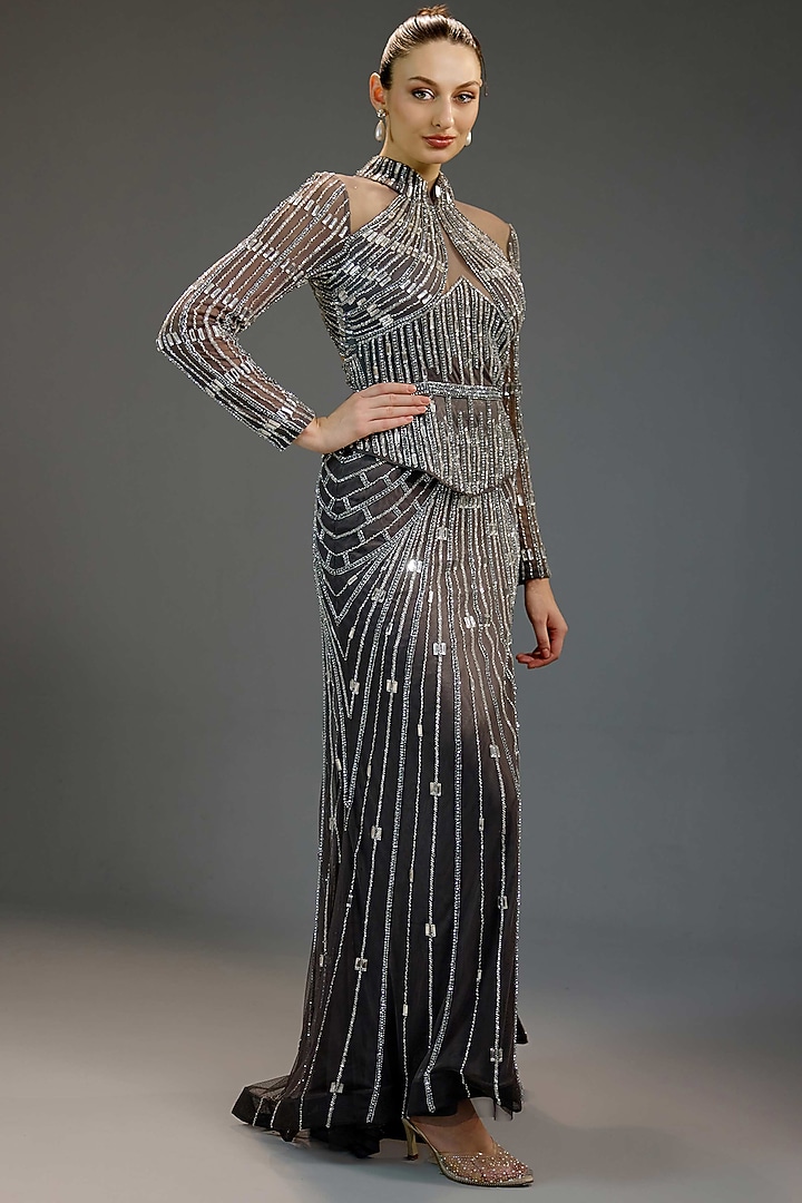 Charcoal Grey Mesh Floral Sequin Embellished Engagement Gown by BLING EMPIRE at Pernia's Pop Up Shop