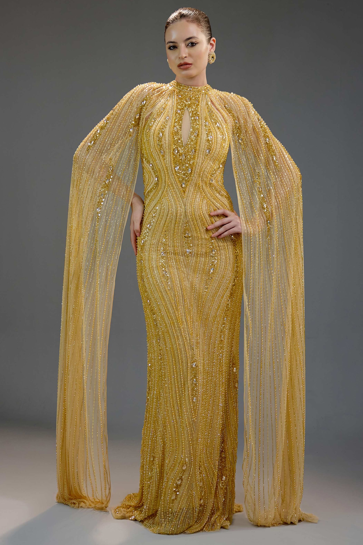 BLING EMPIRE Champagne Mesh Sequin & Bead Embellished Maxi Dress