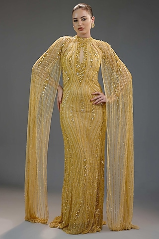 Champagne Mesh Sequin & Bead Embellished Maxi Dress by BLING EMPIRE