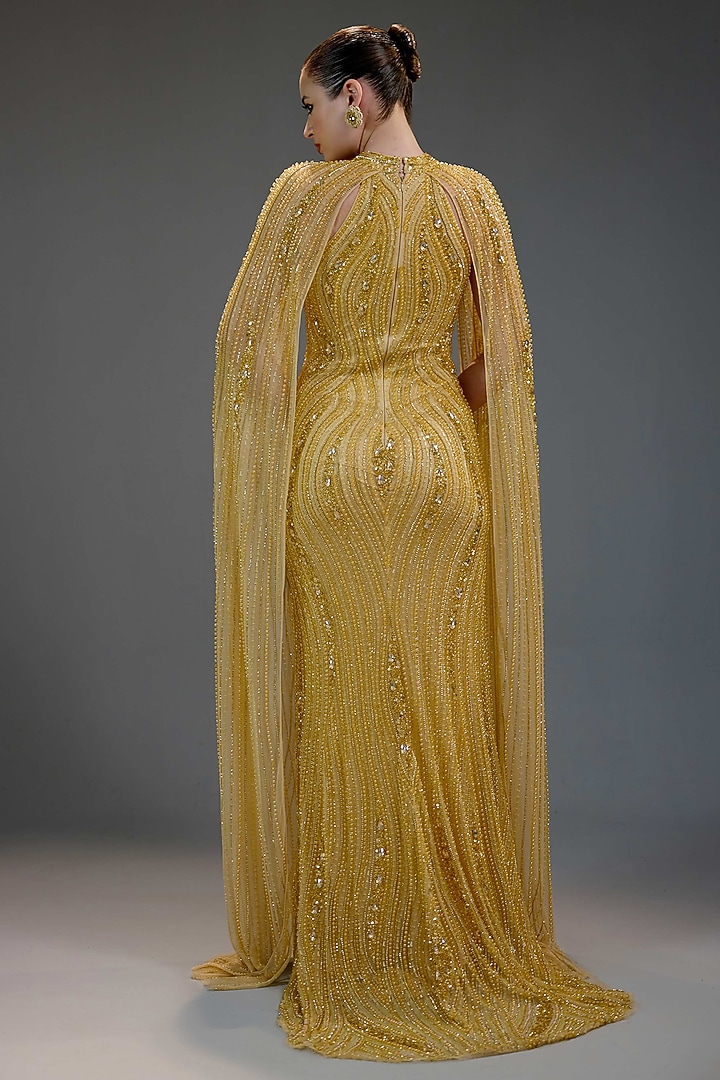 Champagne Mesh Sequin & Bead Embellished Maxi Dress by BLING EMPIRE at Pernia's Pop Up Shop