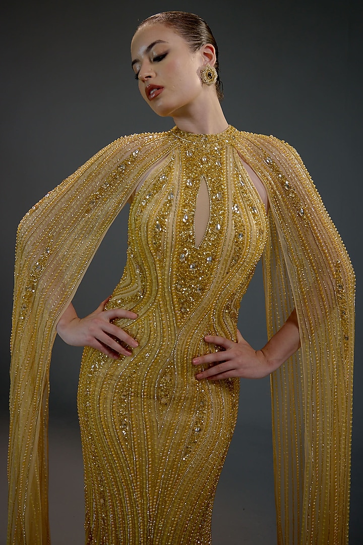 Champagne Mesh Sequin & Bead Embellished Maxi Dress by BLING EMPIRE at Pernia's Pop Up Shop