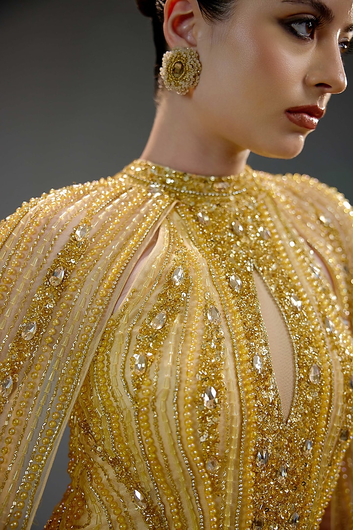 Champagne Mesh Sequin & Bead Embellished Maxi Dress by BLING EMPIRE at Pernia's Pop Up Shop