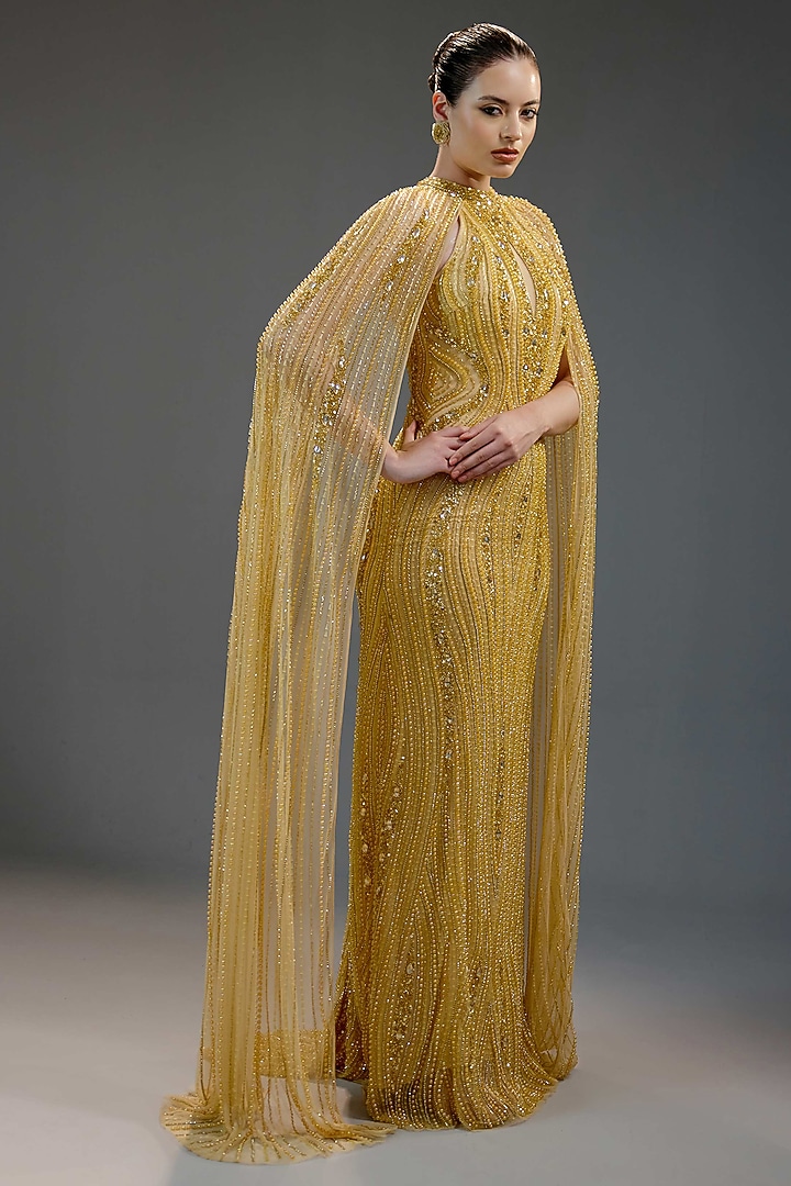 Champagne Mesh Sequin & Bead Embellished Maxi Dress by BLING EMPIRE at Pernia's Pop Up Shop