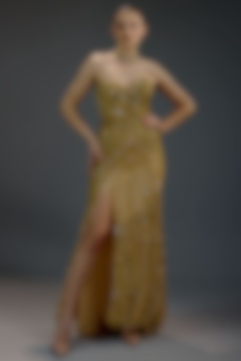 Golden Mesh Sequin Embellished Engagement Gown by BLING EMPIRE at Pernia's Pop Up Shop