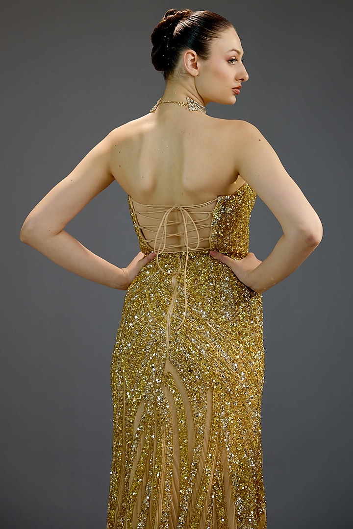 Golden Mesh Sequin Embellished Engagement Gown by BLING EMPIRE at Pernia's Pop Up Shop