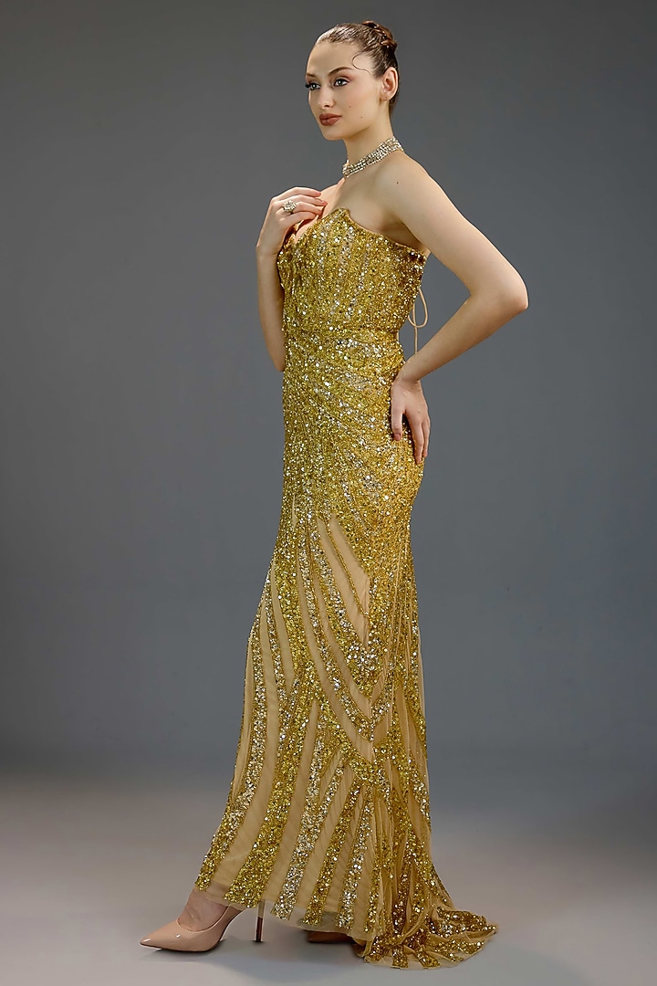 Golden Mesh Sequin Embellished Engagement Gown by BLING EMPIRE at Pernia's Pop Up Shop