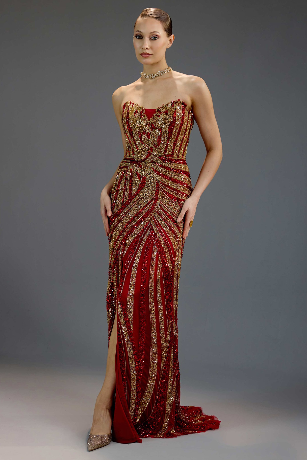 BLING EMPIRE Deep Burgundy Mesh Sequin Embellished Maxi Dress