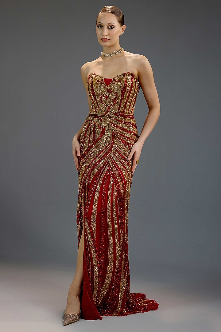 Deep Burgundy Mesh Sequin Embellished Maxi Dress by BLING EMPIRE at Pernia's Pop Up Shop