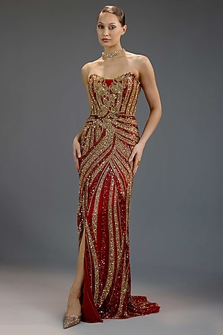 Deep Burgundy Mesh Sequin Embellished Maxi Dress by BLING EMPIRE
