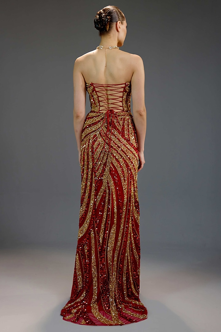 Deep Burgundy Mesh Sequin Embellished Maxi Dress by BLING EMPIRE at Pernia's Pop Up Shop