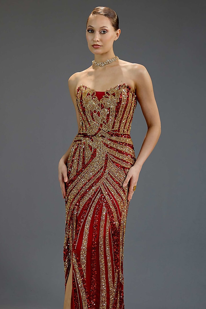 Deep Burgundy Mesh Sequin Embellished Maxi Dress by BLING EMPIRE at Pernia's Pop Up Shop