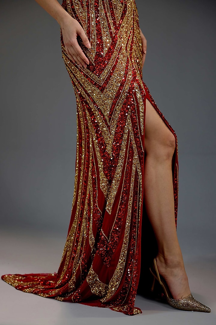 Deep Burgundy Mesh Sequin Embellished Maxi Dress by BLING EMPIRE at Pernia's Pop Up Shop