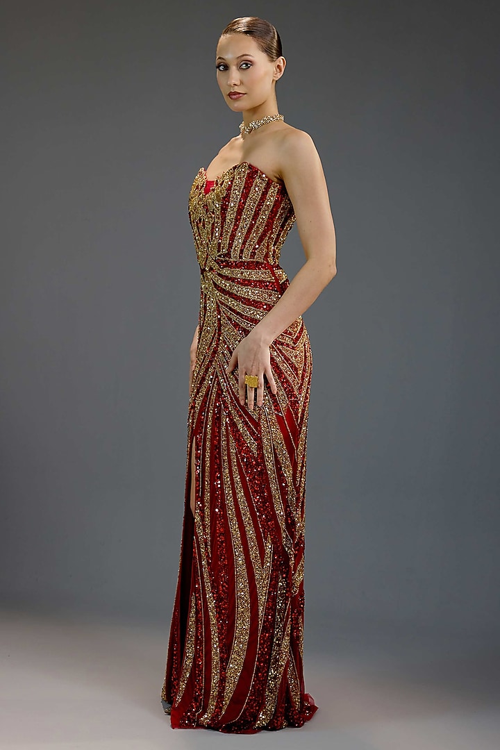 Deep Burgundy Mesh Sequin Embellished Maxi Dress by BLING EMPIRE at Pernia's Pop Up Shop