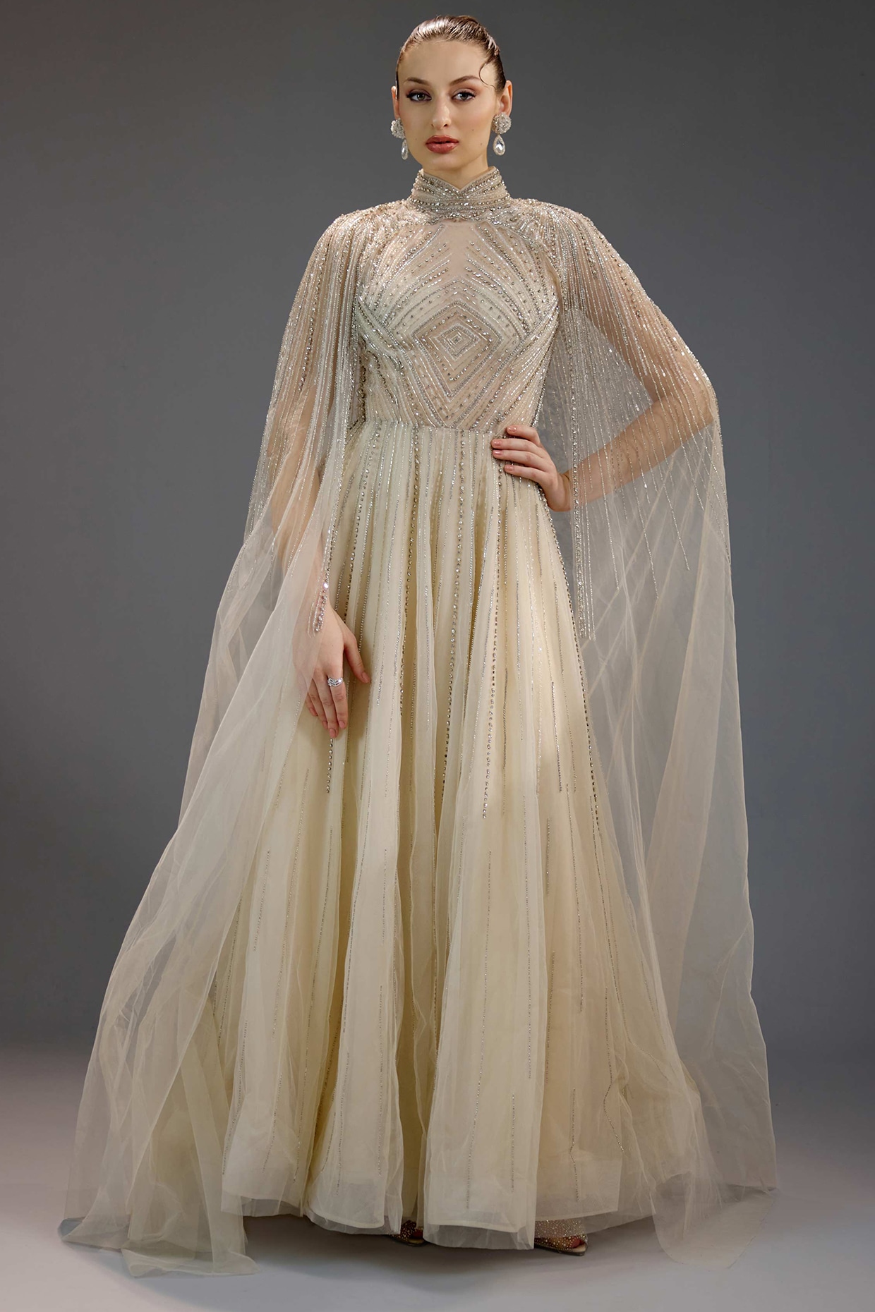 BLING EMPIRE Ivory Mesh Pearl & Bead Work Maxi Dress
