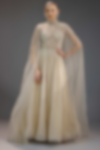 Ivory Mesh Pearl & Bead Work Maxi Party Wear Dress by BLING EMPIRE at Pernia's Pop Up Shop