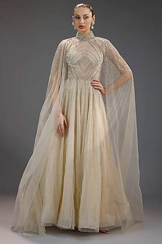 Ivory Mesh Pearl & Bead Work Maxi Dress by BLING EMPIRE