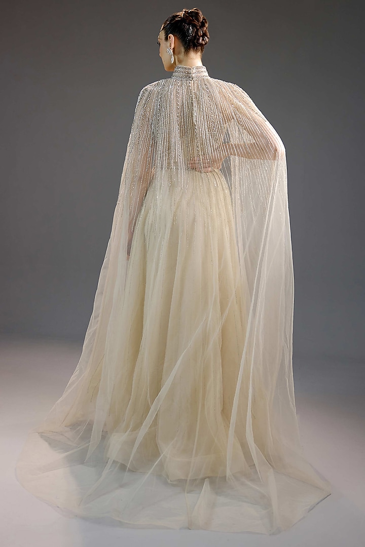 Ivory Mesh Pearl & Bead Work Maxi Party Wear Dress by BLING EMPIRE at Pernia's Pop Up Shop