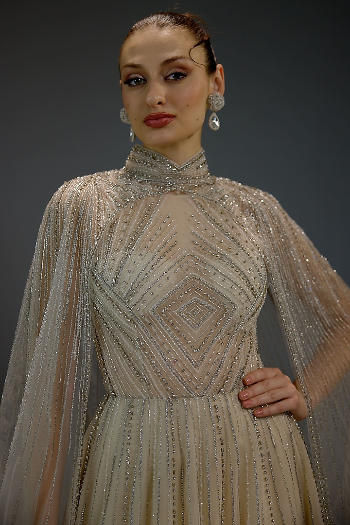 Ivory Mesh Pearl & Bead Work Maxi Party Wear Dress by BLING EMPIRE at Pernia's Pop Up Shop