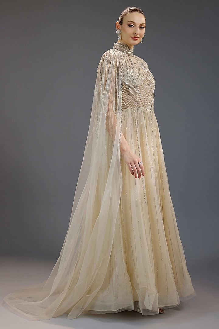 Ivory Mesh Pearl & Bead Work Maxi Party Wear Dress by BLING EMPIRE at Pernia's Pop Up Shop