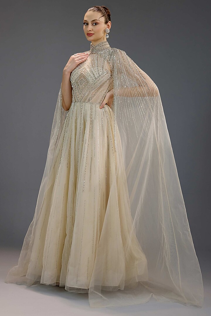 Ivory Mesh Pearl & Bead Work Maxi Party Wear Dress by BLING EMPIRE at Pernia's Pop Up Shop