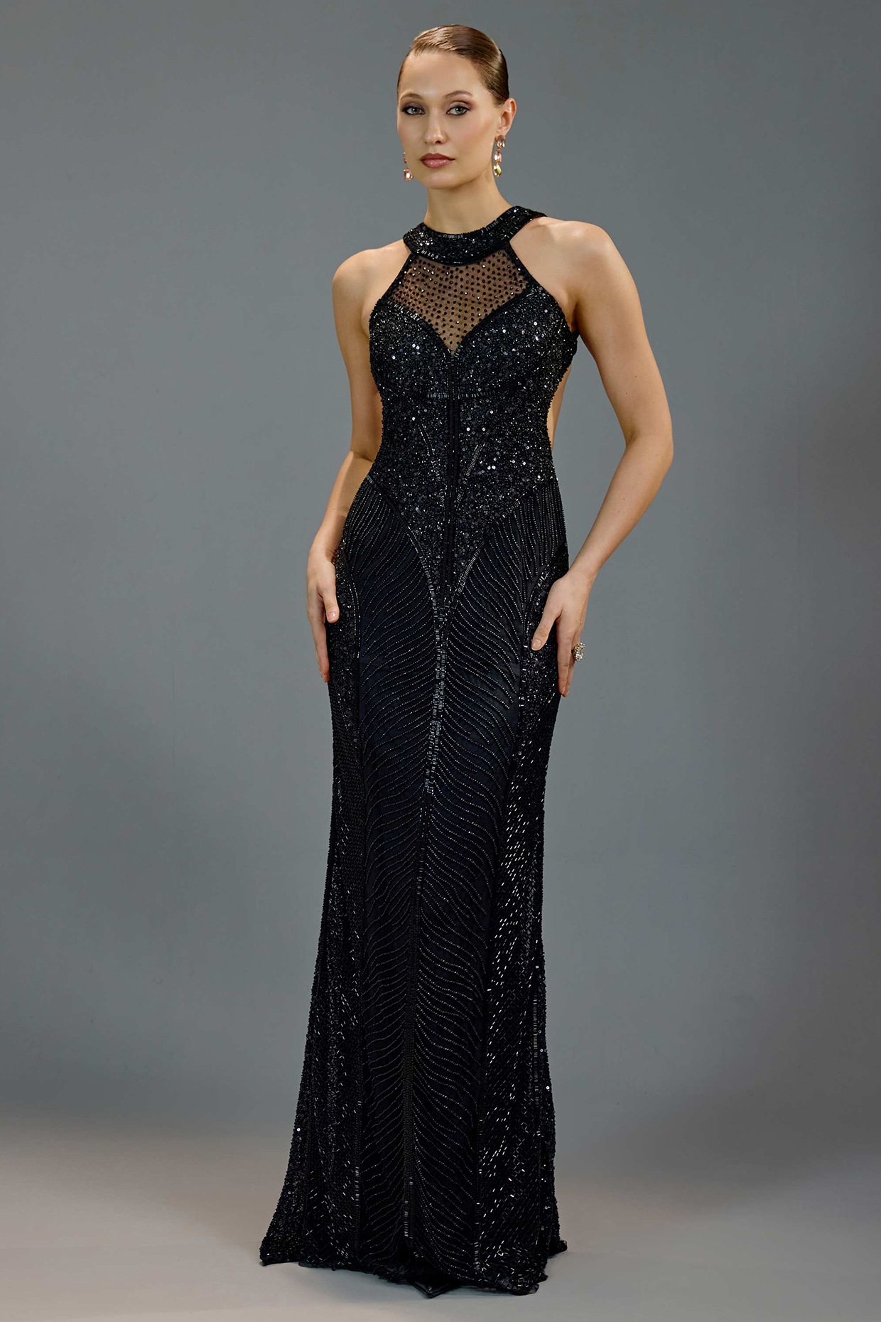 BLING EMPIRE Black Mesh Halter Maxi Dress