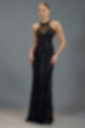 Black Mesh Halter Maxi Party Wear Dress by BLING EMPIRE at Pernia's Pop Up Shop