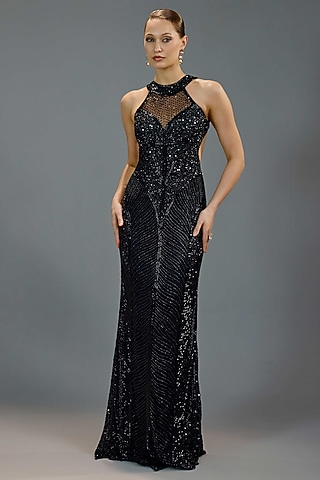 Black Mesh Halter Maxi Dress by BLING EMPIRE