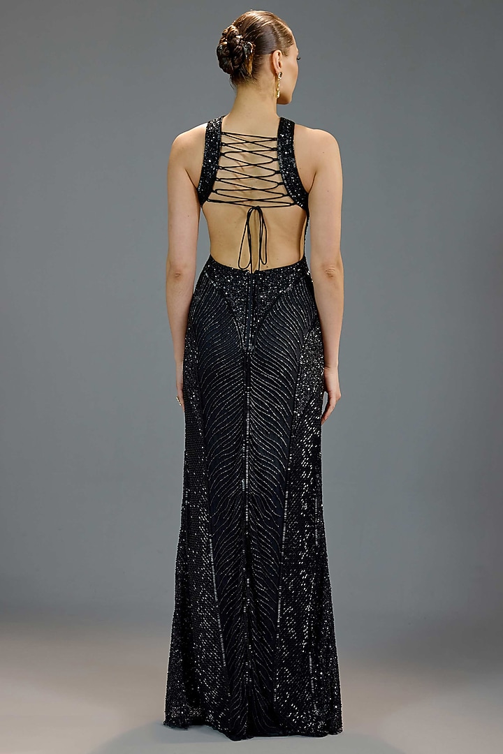 Black Mesh Halter Maxi Party Wear Dress by BLING EMPIRE at Pernia's Pop Up Shop