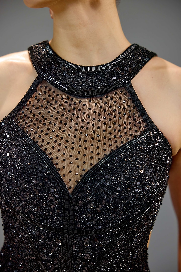 Black Mesh Halter Maxi Party Wear Dress by BLING EMPIRE at Pernia's Pop Up Shop