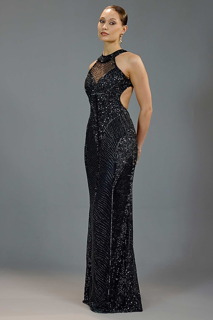 Black Mesh Halter Maxi Party Wear Dress by BLING EMPIRE at Pernia's Pop Up Shop