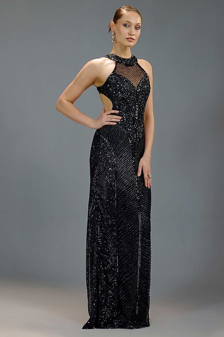 Black Mesh Halter Maxi Party Wear Dress by BLING EMPIRE at Pernia's Pop Up Shop